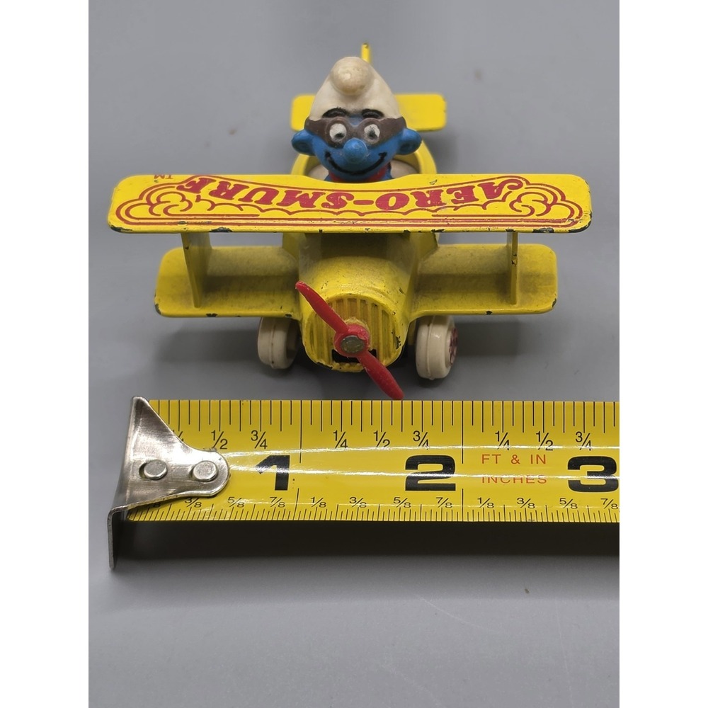Vintage 1982 ERTL Aero Smurf Yellow Diecast Airplane Peyo Smurfs Toy Propeller - Picture 5 of 10